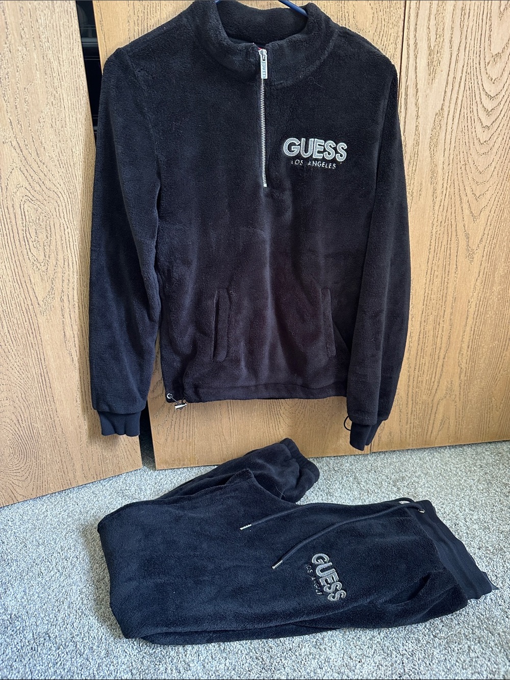 Guess Black Plush Half-Zip Sweatshirt and Jogger Set